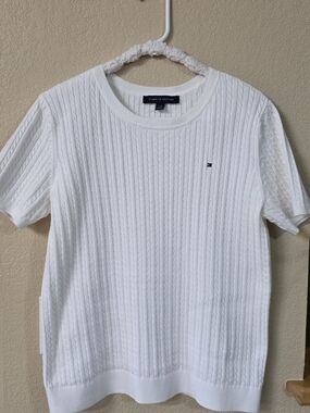 Tommy Hilfiger White Cable Knit Short Sleeve Top with Flag Logo